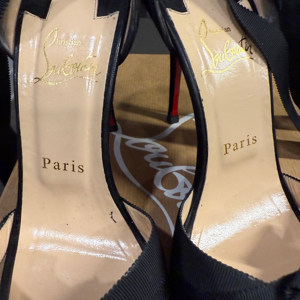 Christian Louboutin Black Peep-Toe ribbon-strapped Heels - Picture 4 of 13